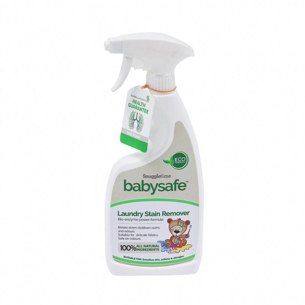 BabySafe Laundry Stain Remover spray bottle with eco-friendly label, featuring a child-friendly design and 100% natural