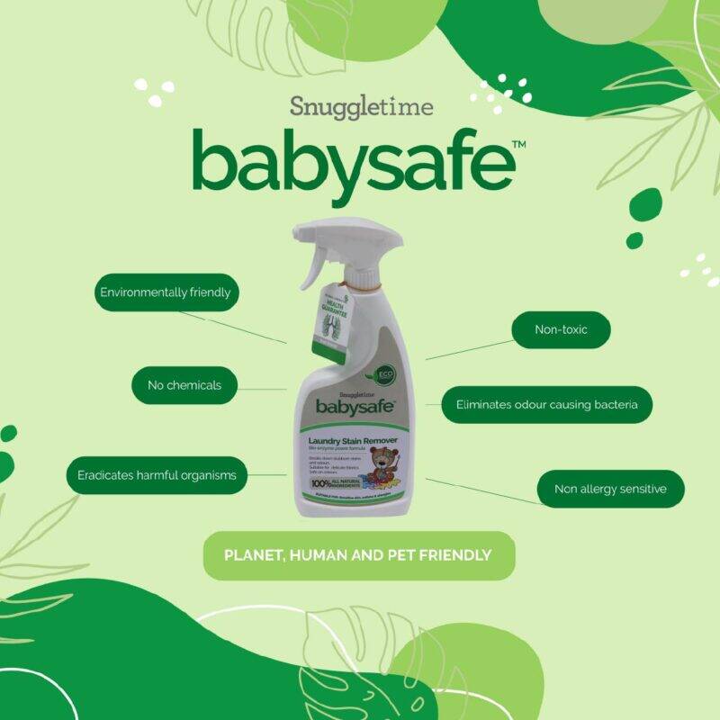 BabySafe Laundry Stain Remover spray bottle with eco-friendly branding, highlighting non-toxic and allergy-sensitive