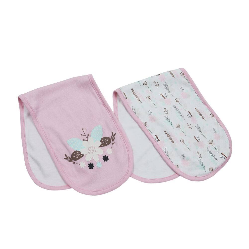 Snuggletime Burp Cloths 2pk in natural giraffe and pink flower designs, featuring cute floral patterns on soft fabric.