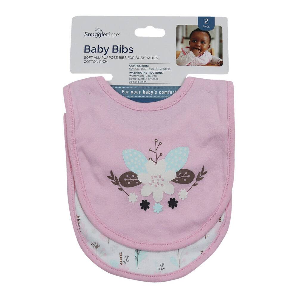 Snuggletime Bibs 2pk in pink flower and natural giraffe designs, featuring soft cotton for baby's comfort.