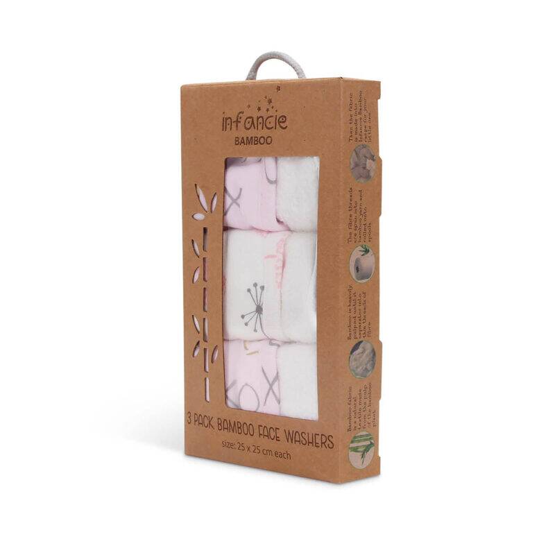 Infancie Bamboo Wash Cloths 3Pk in pink, featuring soft bamboo fabric, packaged in a cardboard box.
