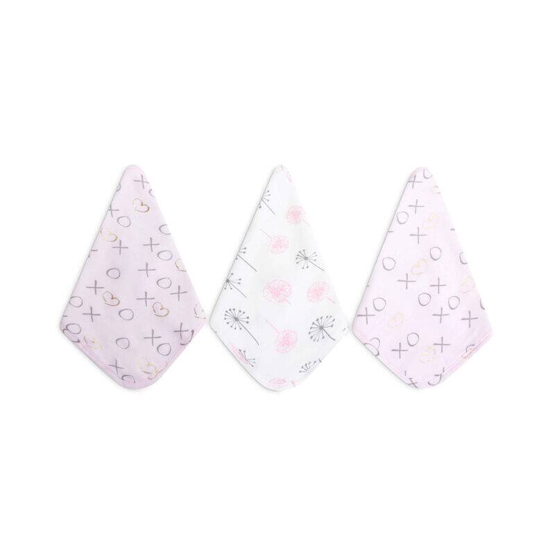 Infancie Bamboo Wash Cloths 3Pk in pink and white with playful patterns, perfect for gentle cleaning.