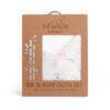 Infancie Bib & Burp Cloth Set in pink and white floral design, packaged in eco-friendly cardboard box.
