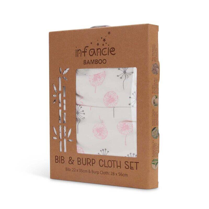 Infancie Bib & Burpa Set in pink featuring floral design, includes bib and burp cloth made from bamboo.