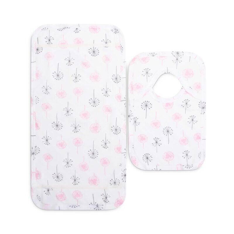 Infancie Bib & Burpa Set in white with pink and black dandelion print, includes a large burp cloth and a matching bib.