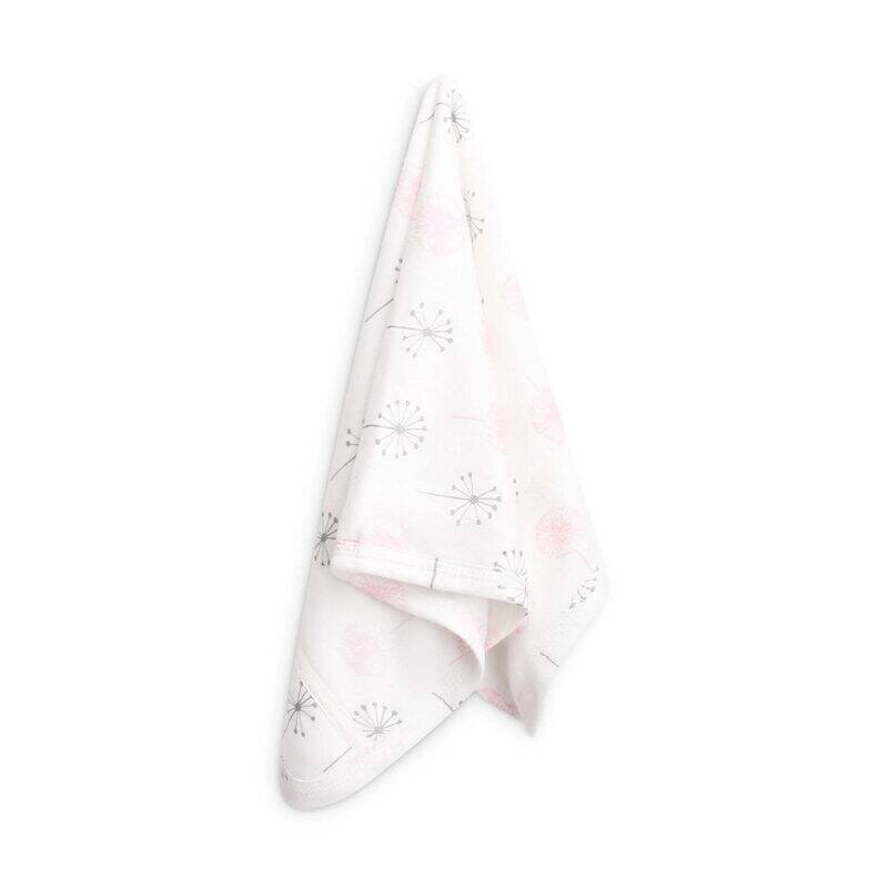 Infancie Bib & Burpa Set in pink and white with dandelion print, displayed hanging to showcase its design.