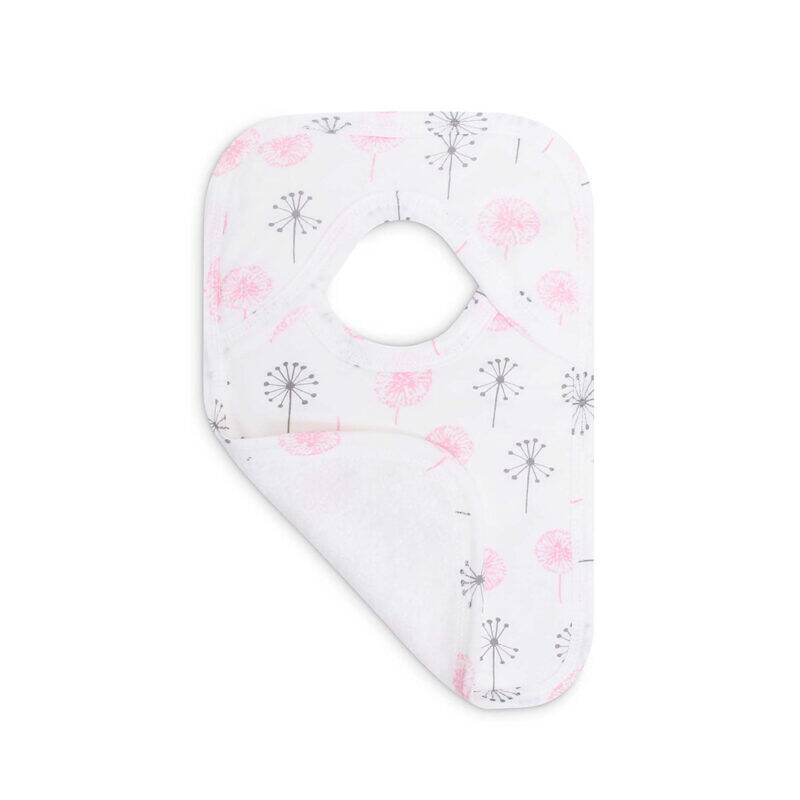Infancie Bib & Burpa Set in pink and white with dandelion print, featuring a soft, absorbent backing.