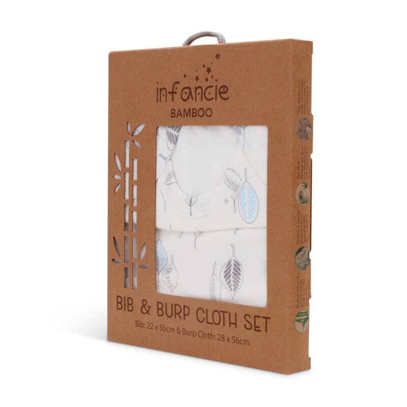 Infancie Bib & Burpa Set in blue, featuring a leaf design, includes a bib and burp cloth packaged in eco-friendly box.