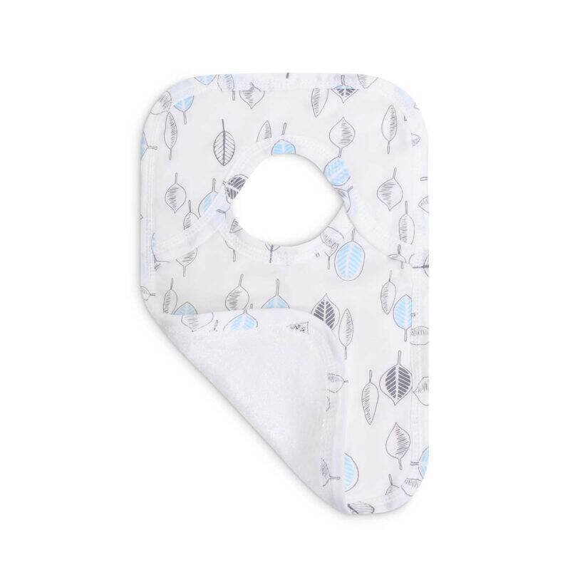 Infancie Bib & Burpa Set in blue and pink, featuring a leaf pattern and a soft, absorbent backing.