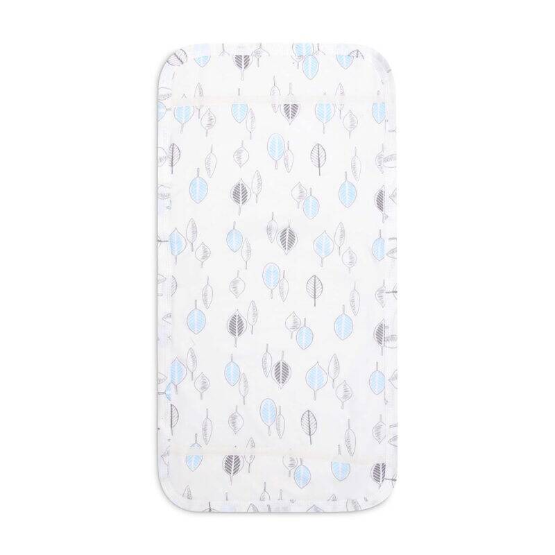 Infancie Bib & Burpa Set featuring a blue and white leaf pattern, perfect for keeping baby clean during mealtime.