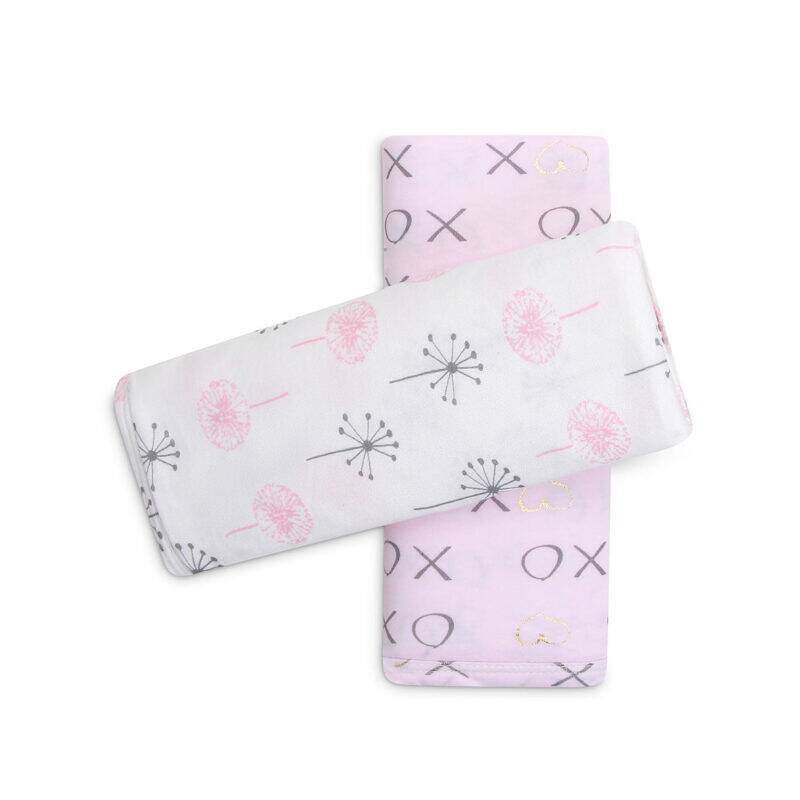 Infancie Bamboo Jersey Wraps 2Pk in pink and white with dandelion and heart patterns, soft and breathable for comfort.