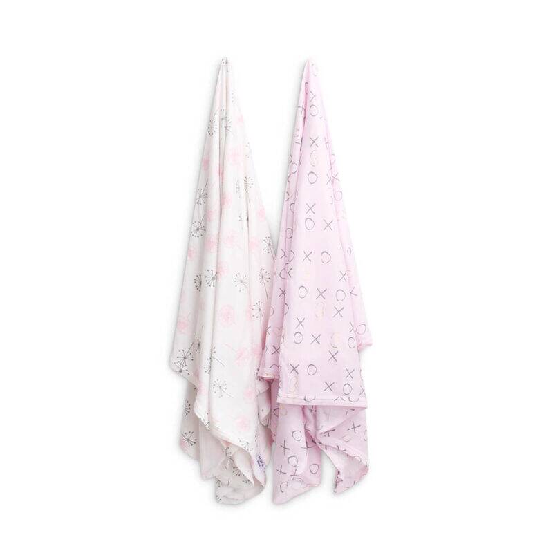 Infancie Bamboo Jersey Wraps 2Pk in pink and white with playful patterns, perfect for swaddling or cuddling.