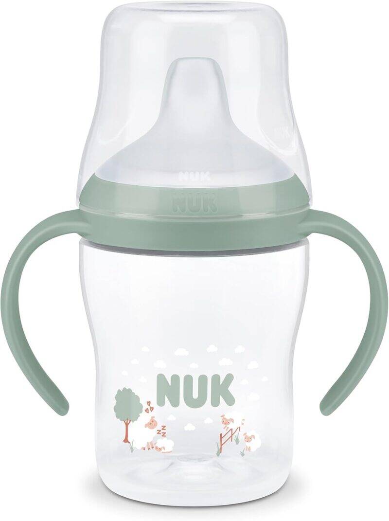 Nuk Perfect Match Learner Bottle 150ml in rainbow style with sheep design, featuring green handles and a clear body.