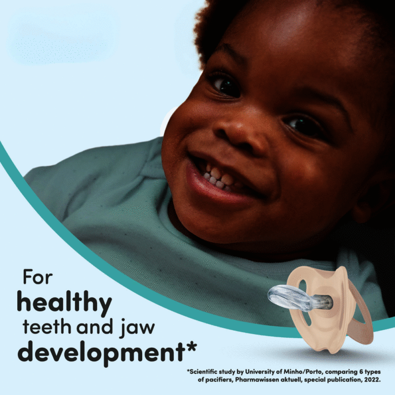 Nuk First Choice Soother in whale style for 18-36 months, shown with a smiling child, emphasizing healthy teeth development.