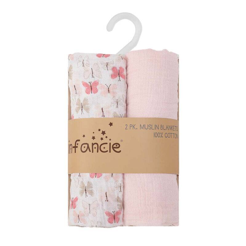 Infancie Muslin Blankets 2Pk in butterfly and pink designs, made from 100% cotton, soft and breathable for babies.