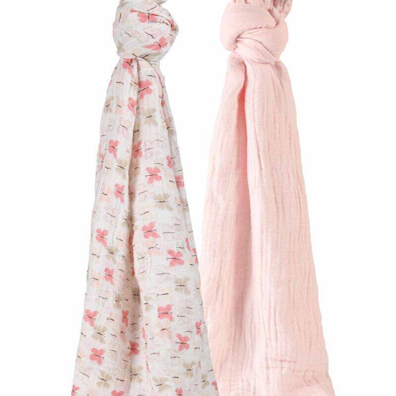 Infancie Muslin Blankets 2Pk featuring a butterfly print and a solid pink blanket, soft and lightweight for versatile use.