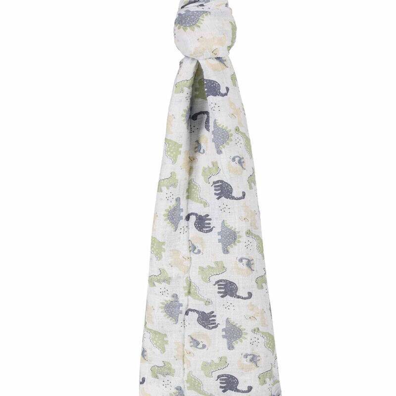 Infancie Muslin Blankets 2Pk featuring a dinosaur print in soft pastel colors, ideal for swaddling or as a lightweight cover.