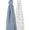 Infancie Muslin Blankets 2Pk in blue and white featuring playful dinosaur and safari animal prints.