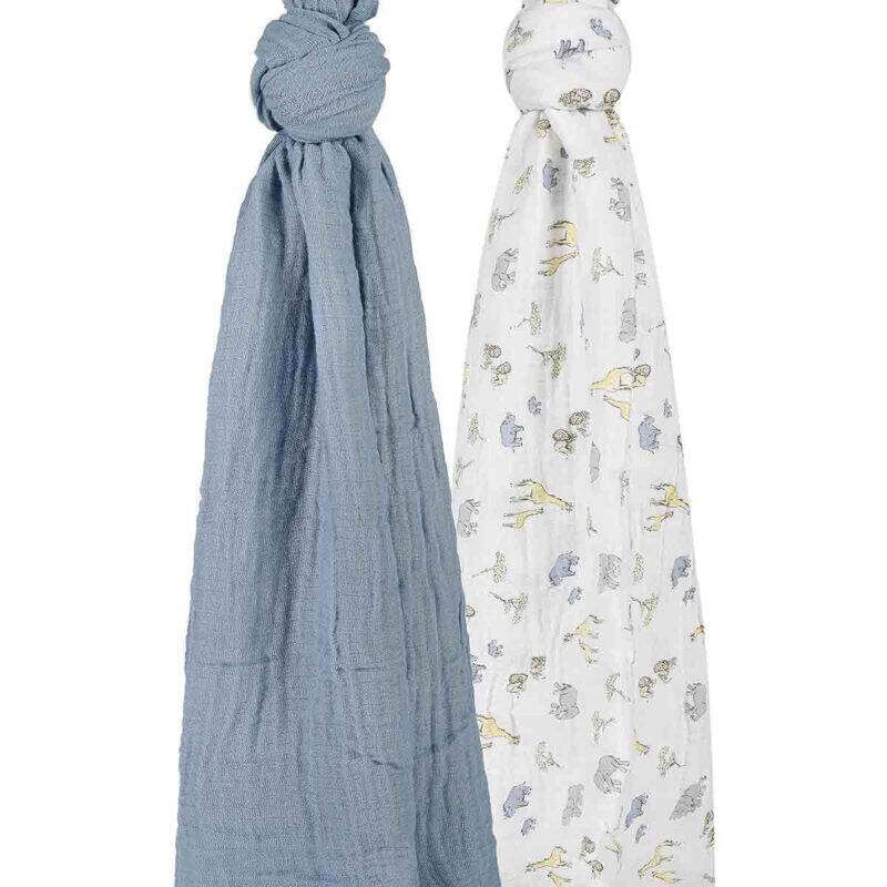 Infancie Muslin Blankets 2Pk in blue and white featuring playful dinosaur and safari animal prints.