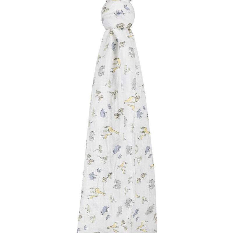 Infancie Muslin Blankets 2Pk featuring a whimsical animal print in soft colors, ideal for swaddling or cuddling.