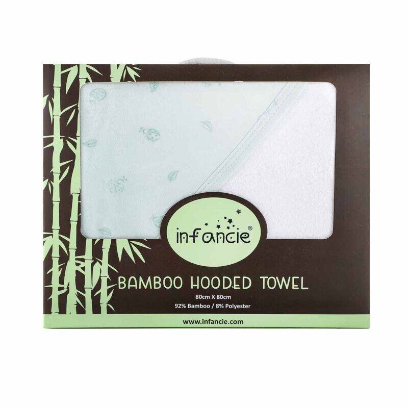 Infancie Bamboo Hooded Towel in green, featuring a soft bamboo fabric with a cute leaf pattern, measures 80cm x 80cm.