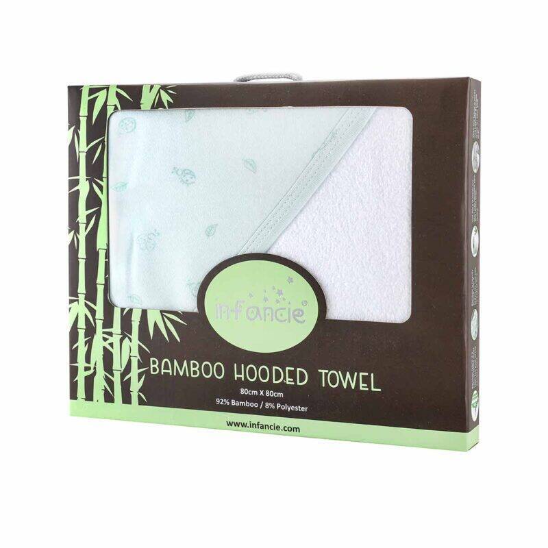 Infancie Bamboo Hooded Towel in blue and green, featuring a soft bamboo fabric with a cute design, packaged attractively.