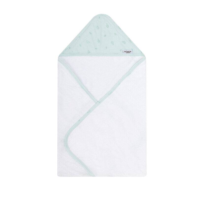 Infancie Bamboo Hooded Towel in blue and green, featuring a soft, patterned hood and a cozy, absorbent design.