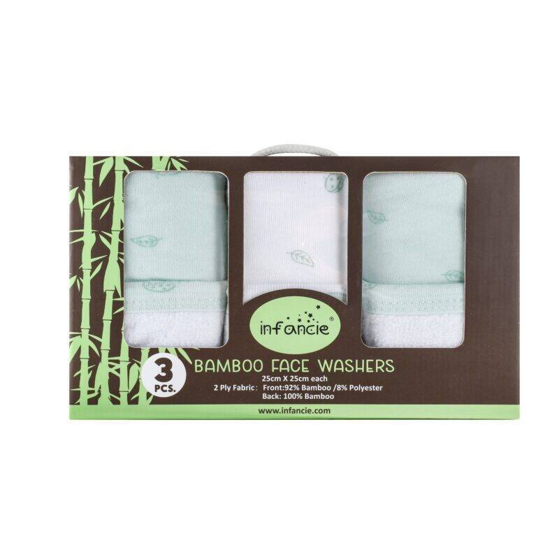 Infancie Bamboo Wash Cloths 3Pk in green, featuring soft, absorbent fabric with a leaf pattern.