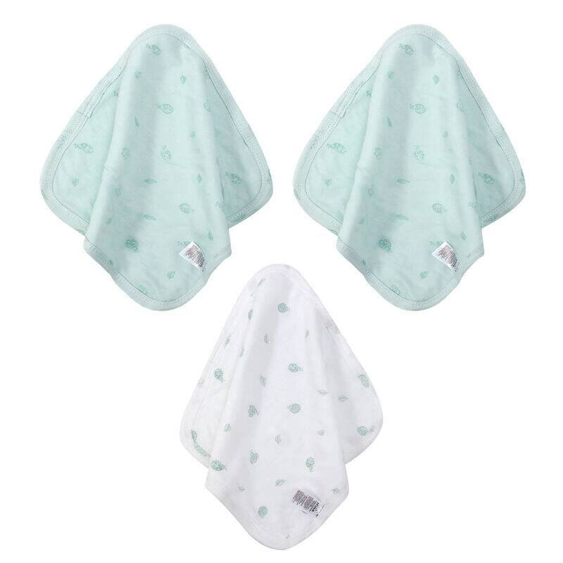 Infancie Bamboo Wash Cloths 3Pk in blue, green, and pink with cute patterns, soft and absorbent for gentle cleaning.