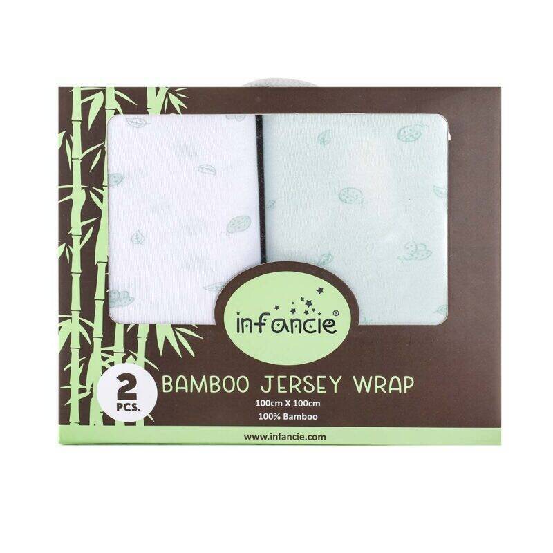 Infancie Bamboo Jersey Wraps 2Pk in green, featuring a soft, breathable fabric with a delicate leaf pattern.