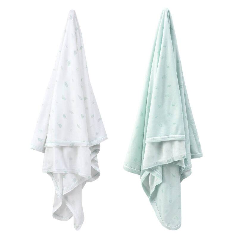 Infancie Bamboo Jersey Wraps 2Pk in green and grey, featuring soft, breathable fabric with a leaf pattern.