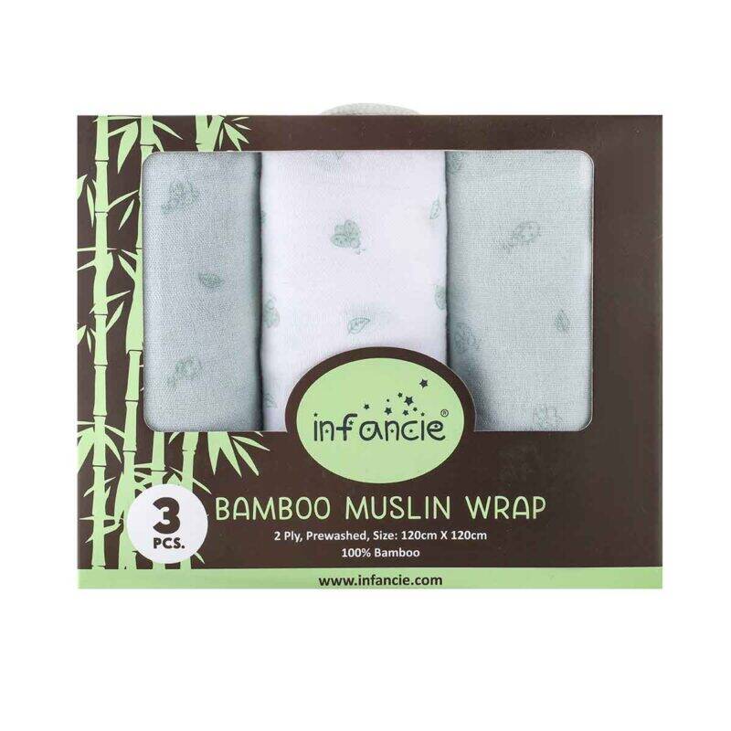 Infancie Bamboo Muslin Blankets 3Pk featuring soft bamboo fabric in light colors with leaf patterns, packaged attractively.