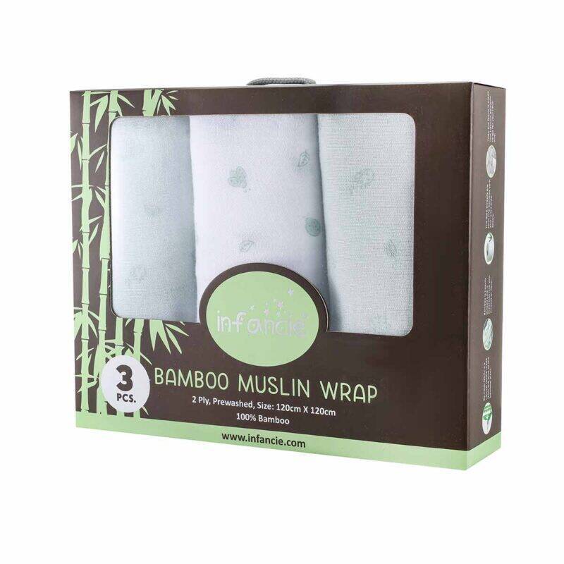 Infancie Bamboo Muslin Blankets 3Pk in a gift box, featuring soft, lightweight fabric with a subtle butterfly pattern.