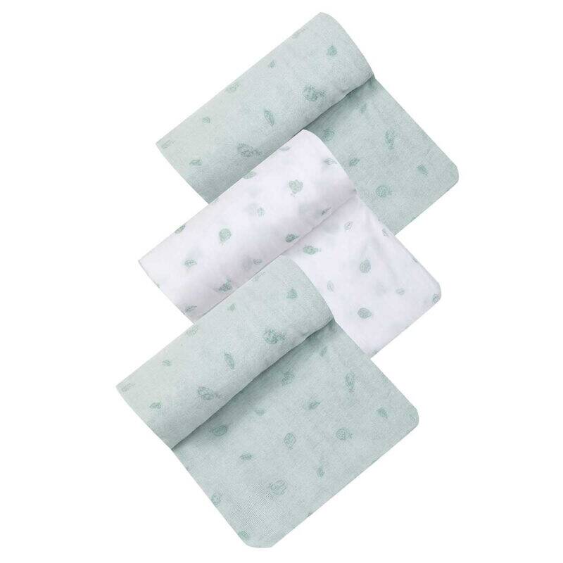 Infancie Bamboo Muslin Blankets 3Pk in soft green and white with leaf patterns, lightweight and breathable for infants.