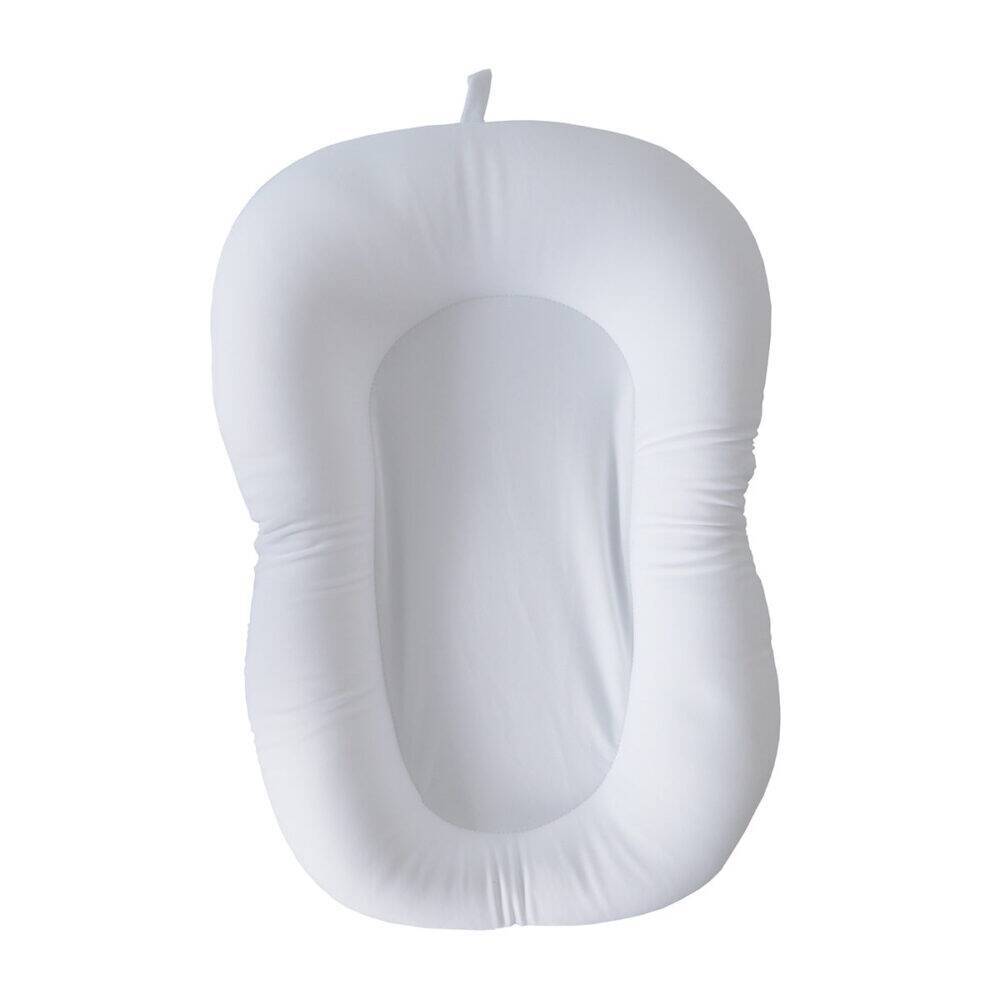 Snuggletime Microbead Baby Bather Cushion in blue, gray, and white with a soft, contoured design for comfort.