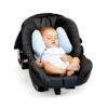 Snuggletime Angelwings Neck Cushion in blue, providing support for a sleeping baby in a car seat.