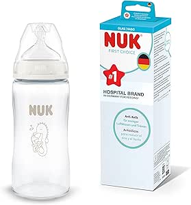 Nuk First Choice 240ml glass bottle in clear with seahorse design, suitable for babies 3 months and older.