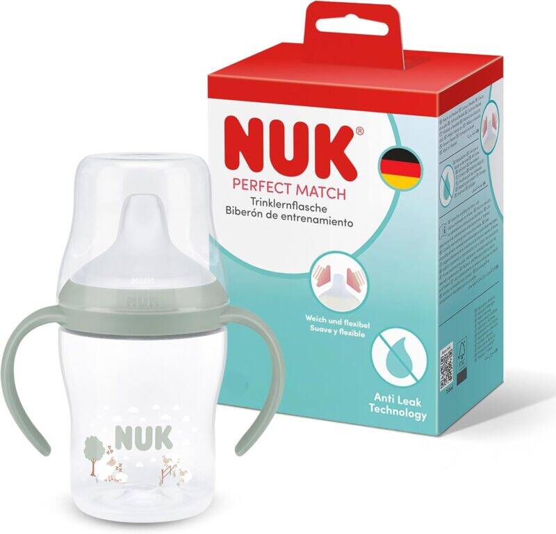 Nuk Perfect Match Learner Bottle 150ml in Rainbow Sheep design with anti-leak technology and soft, flexible handles.