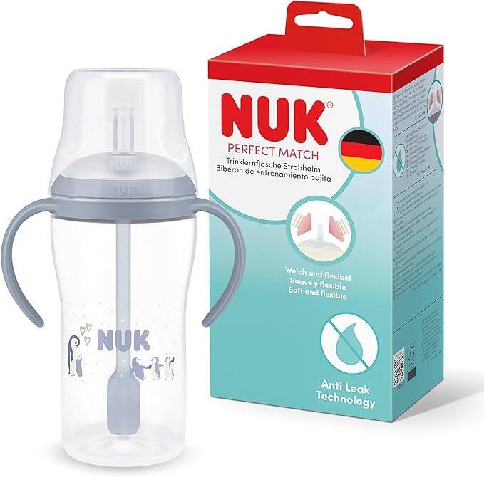 Nuk Perfect Match Straw Learner Bottle 260ml in Bear and Penguin style with anti-leak technology and soft straw.