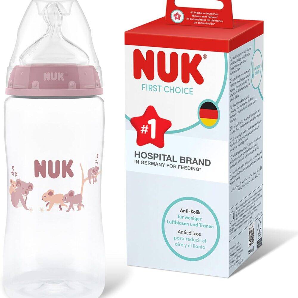 Nuk First Choice 300ml bottle in Koala style with flow control, featuring a pink cap and playful animal design.