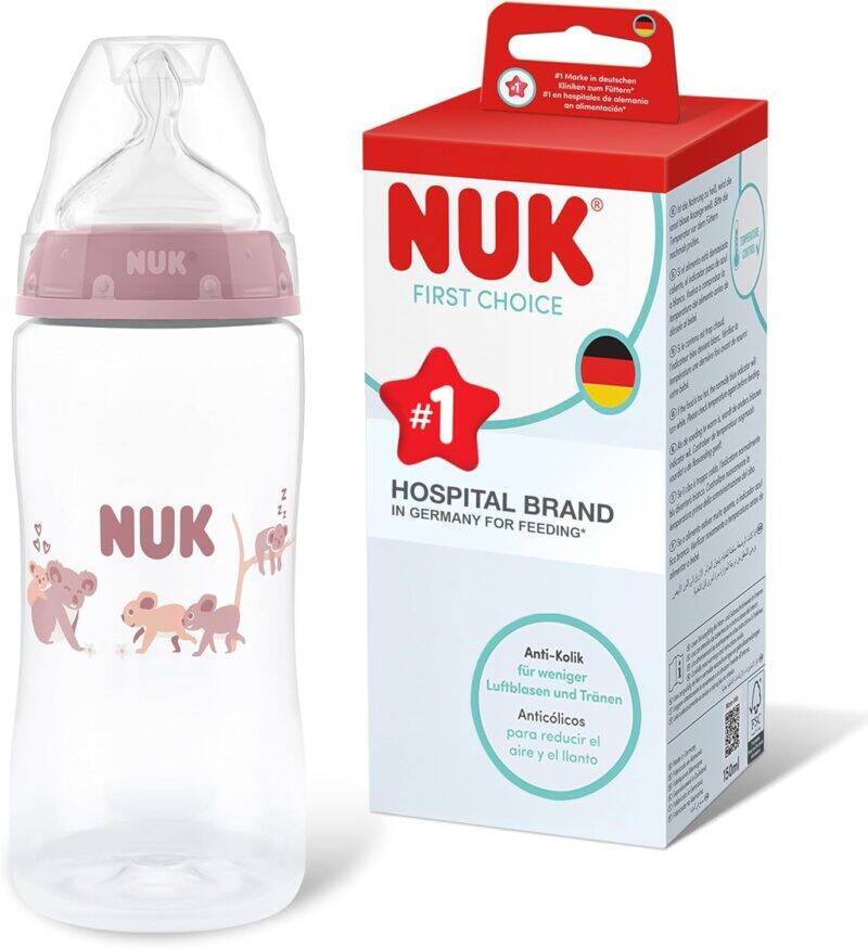 Nuk First Choice 300ml bottle in Koala style with flow control, featuring a pink cap and playful animal design.