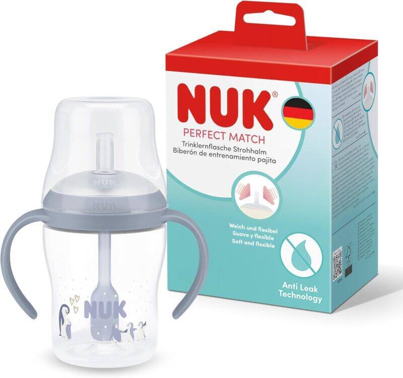 Nuk Perfect Match Straw Learner Bottle 150ml in grey with bear and penguin design, featuring anti-leak technology.