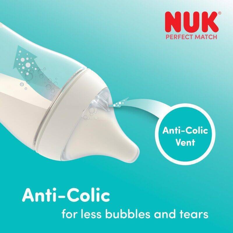 Nuk Perfect Match 120ml glass bottle in rainbow style featuring an anti-colic vent for reduced bubbles and tears.