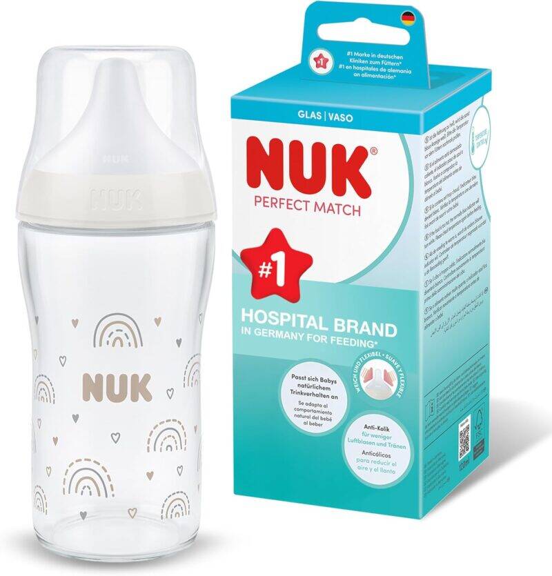 Nuk Perfect Match Glass Bottle 230ml in rainbow style with a white cap and packaging beside it.