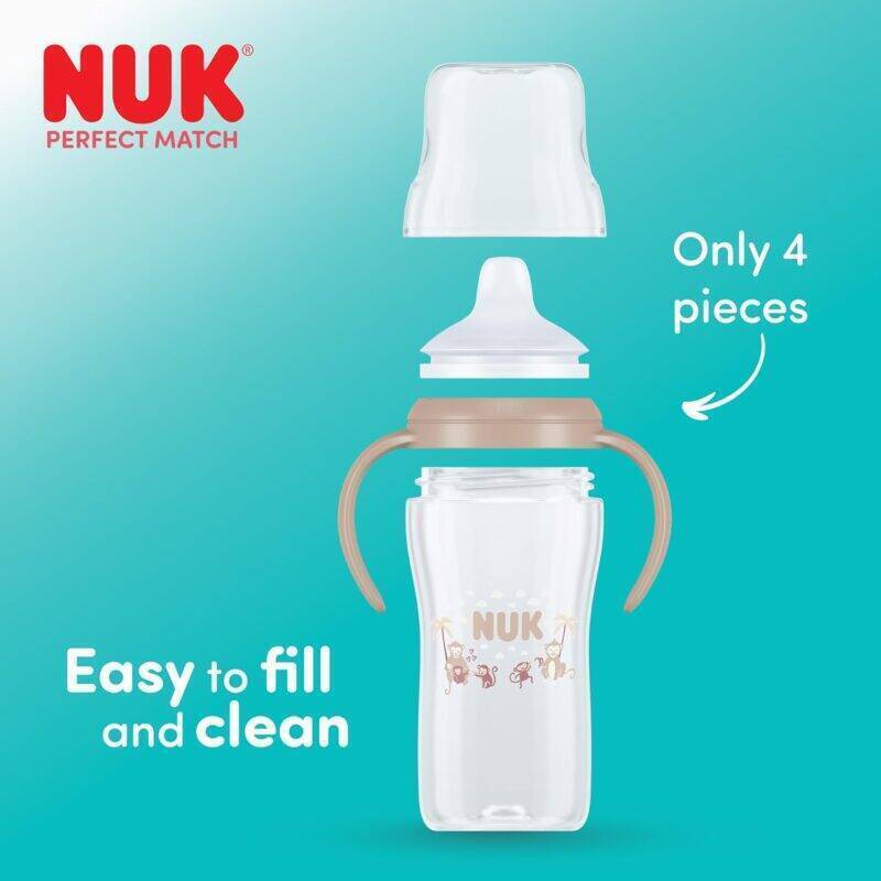 Nuk Perfect Match Learner Bottle 150ml in rainbow design with sheep, featuring easy-to-clean four-piece construction.