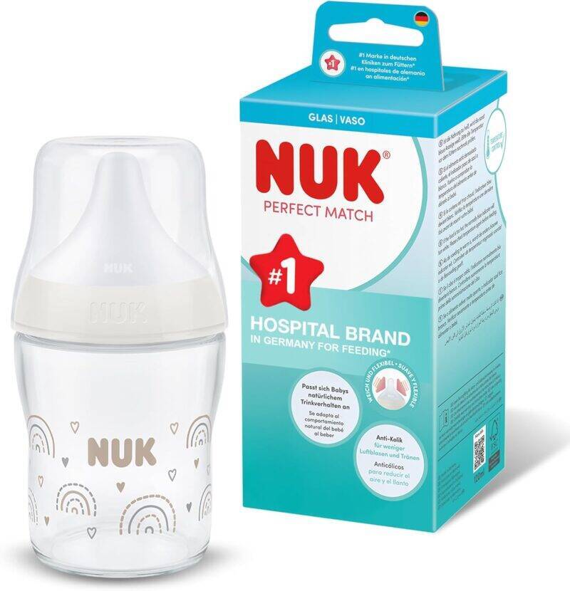 Nuk Perfect Match Glass Bottle 120ml in Rainbow style with a clear design and white lid, packaged in a colorful box.