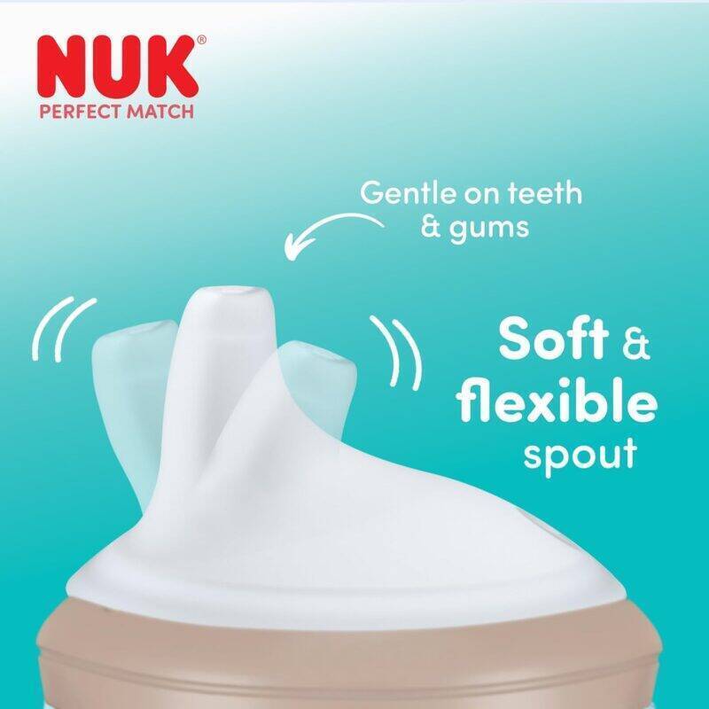 Nuk Perfect Match Learner Bottle 150ml in rainbow design, featuring a soft, flexible spout for gentle sipping.