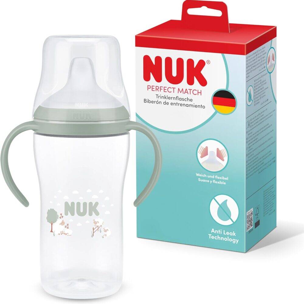 Nuk Perfect Match Learner Bottle 260ml in Rainbow Sheep style with anti-leak technology and soft handles.