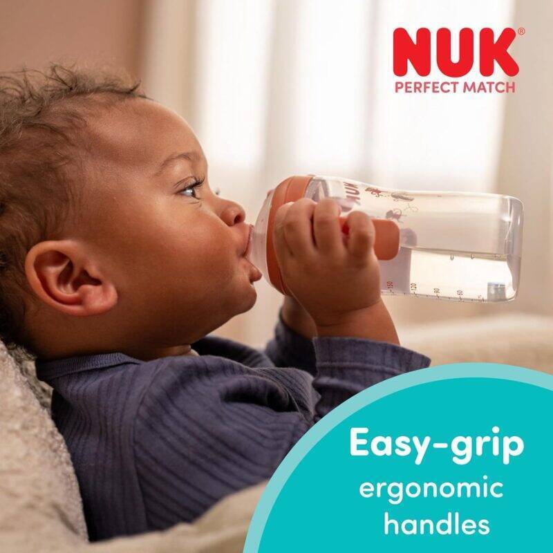 Nuk Perfect Match Learner Bottle 150ml in Rainbow Sheep design, featuring easy-grip ergonomic handles for toddlers.