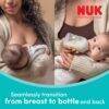 Nuk Perfect Match 120ml glass bottle in rainbow style, shown in use with a baby for seamless breastfeeding transition.